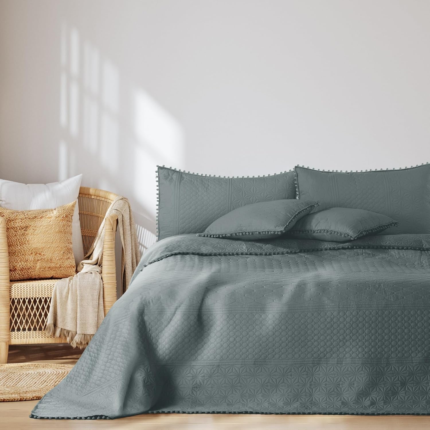 Ameliahome Överkast med pompoms 220X240 Cm Dubbelsidigt överkast Ultrasonic Quilting Polyester Meadore Grå Sängar och filtar Besuche den AmeliaHome-Store Meadore grå 220X240 Cm