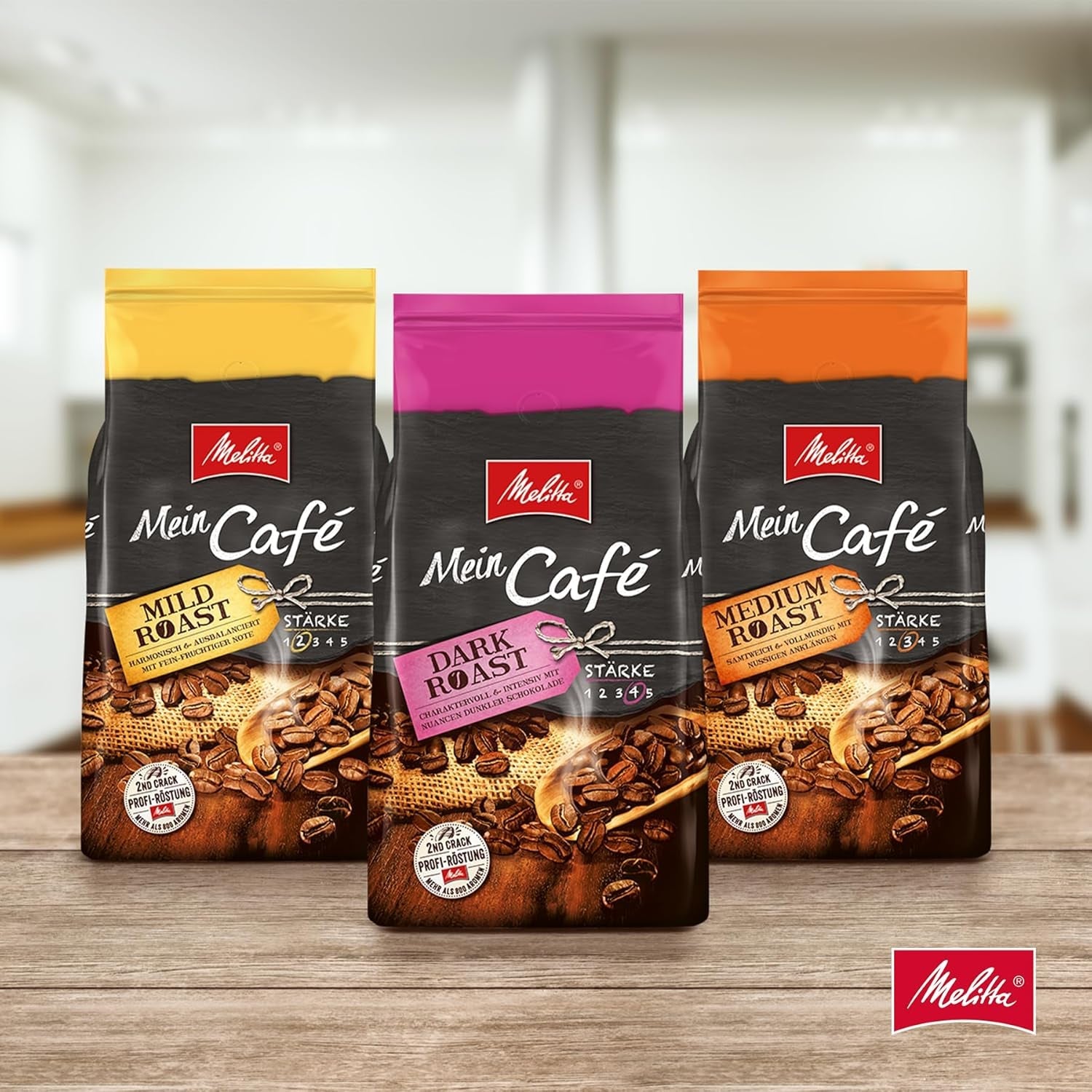 Melitta Mein Café Mild Roast, Hel Kaffee-Bohnen 1kg, ungemahlen, Kaffeebohnen für Kaffee-Vollautomat, milde Röstung, Stärke 3