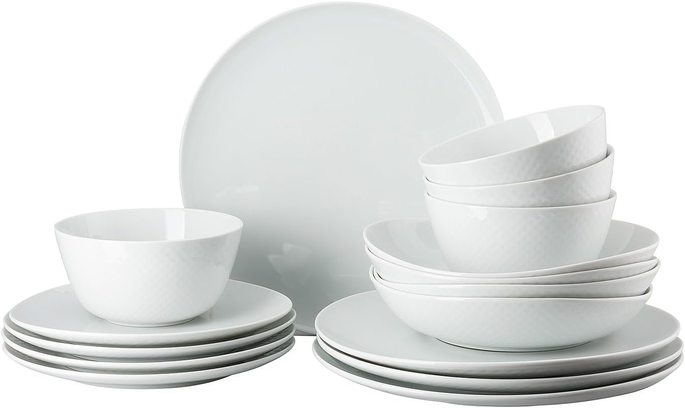 Rosenthal Junto White servisset, porslin, vitt, platta tallrikar, mattallrikar Ø 22 cm, mattallrikar Ø 21,5 cm och spannmålsskålar Ø 14 cm, 0,62 l, tål diskmaskin och mikrovågsugn, set för 4