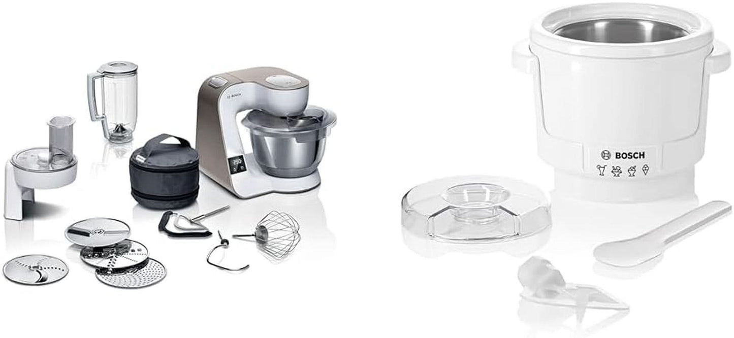 Bosch Series 4 MUM5X720 matberedare, integrerad våg, skål i rostfritt stål 3,9L, mixer 1,25L, 1000W Tillbehör Mat och Amning Bebe Naty Shop Paket med ismaskin Vit Champagne 2 tillbehör