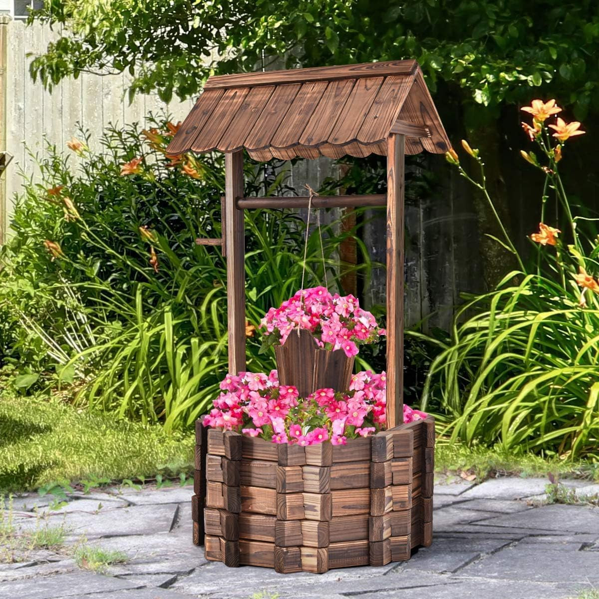 Träfontän 56x56x114cm med tak, Önskebrunn, Trädgårdsdekoration, Blomkrukor, Dekorativ fontän, Blomkrukor, Brun