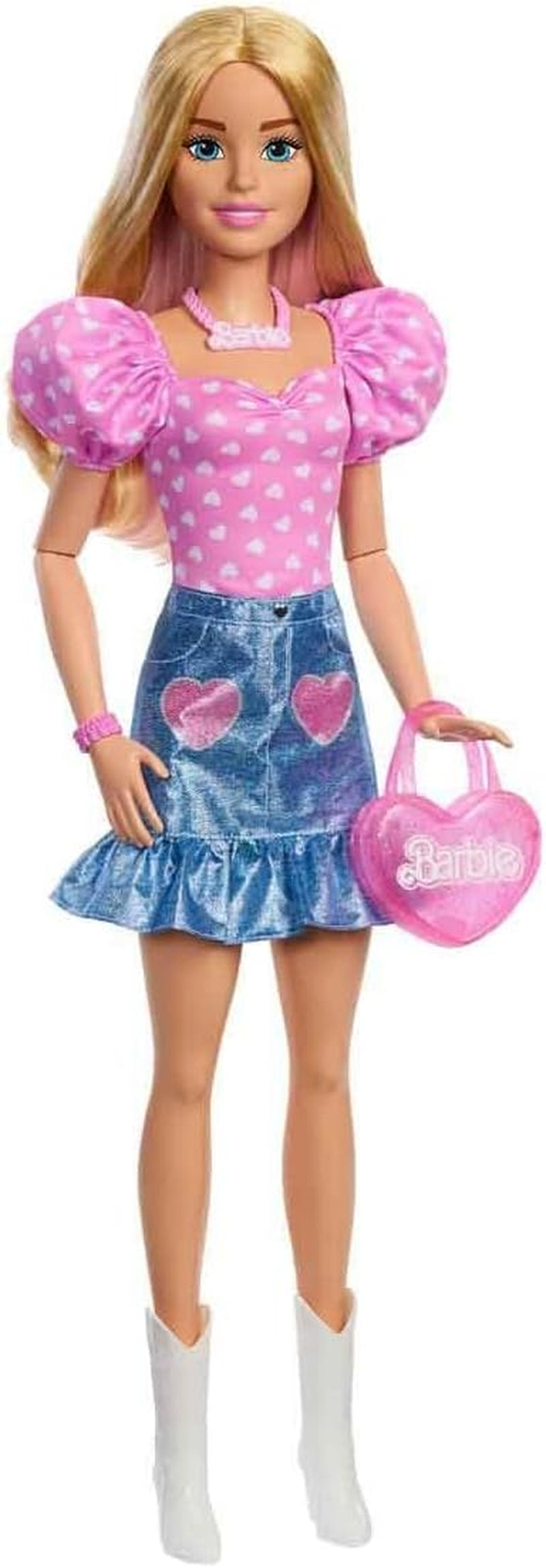 Fashionabla Barbie Doll 71 cm blond med avtagbara kläder Rosa topp jeanskjol Cowboyboots Halsband och handväska HYT84