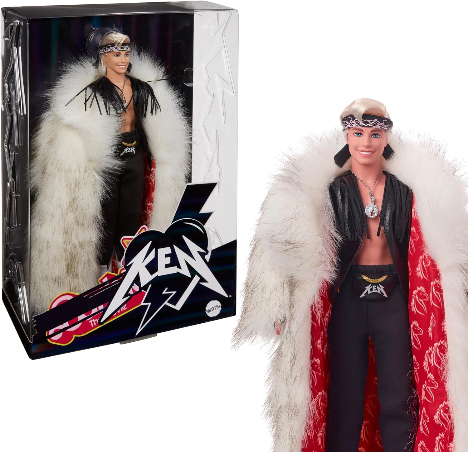 Barbie The Movie Collectible Ken Doll iklädd stor fuskpälsrock och svart fransväst med bandana, HRF31