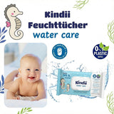Kindii Water Care Wet Wipes - Aqua Baby Wipes - 100% Viskos, 99,9% Vatten, Grapefruktextrakt, Scarf Storlek 150x200, 100% biologiskt nedbrytbar, plastfria, rengöringsservetter för känslig hud