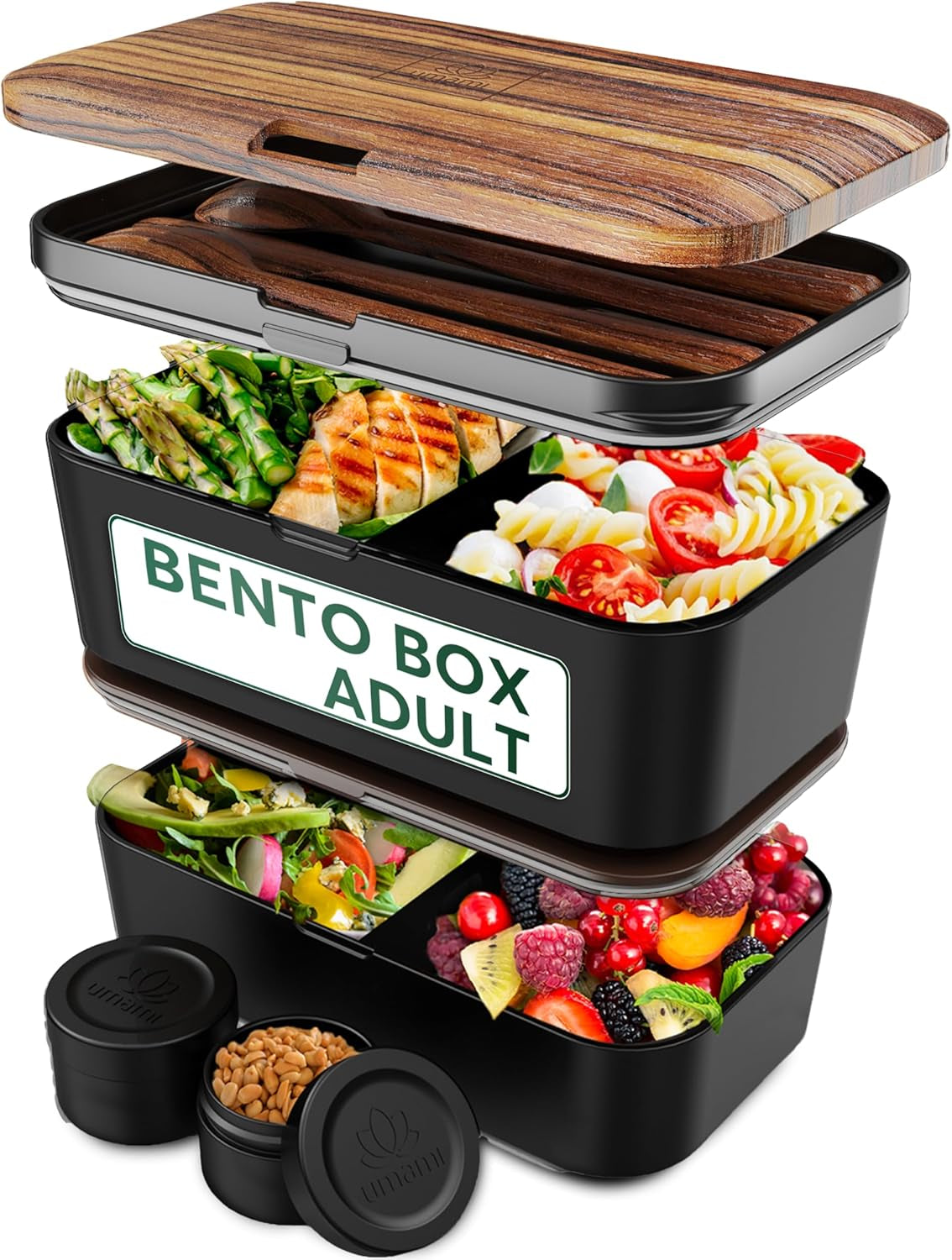 Umami Lunchbox för vuxna, 4 bestick och fack Läcksäker staplingsbar Bentobox, vuxenlunchbox, To-go salladsbehållare, picknick/kontorslunchbox, kolgrå, 1500 ml Naty Shop Matförvaringslådor Svart Wenge - 1500 ml Staplingsbar inuti varandra L - 1500 Ml Staplingsbar inuti varandra
