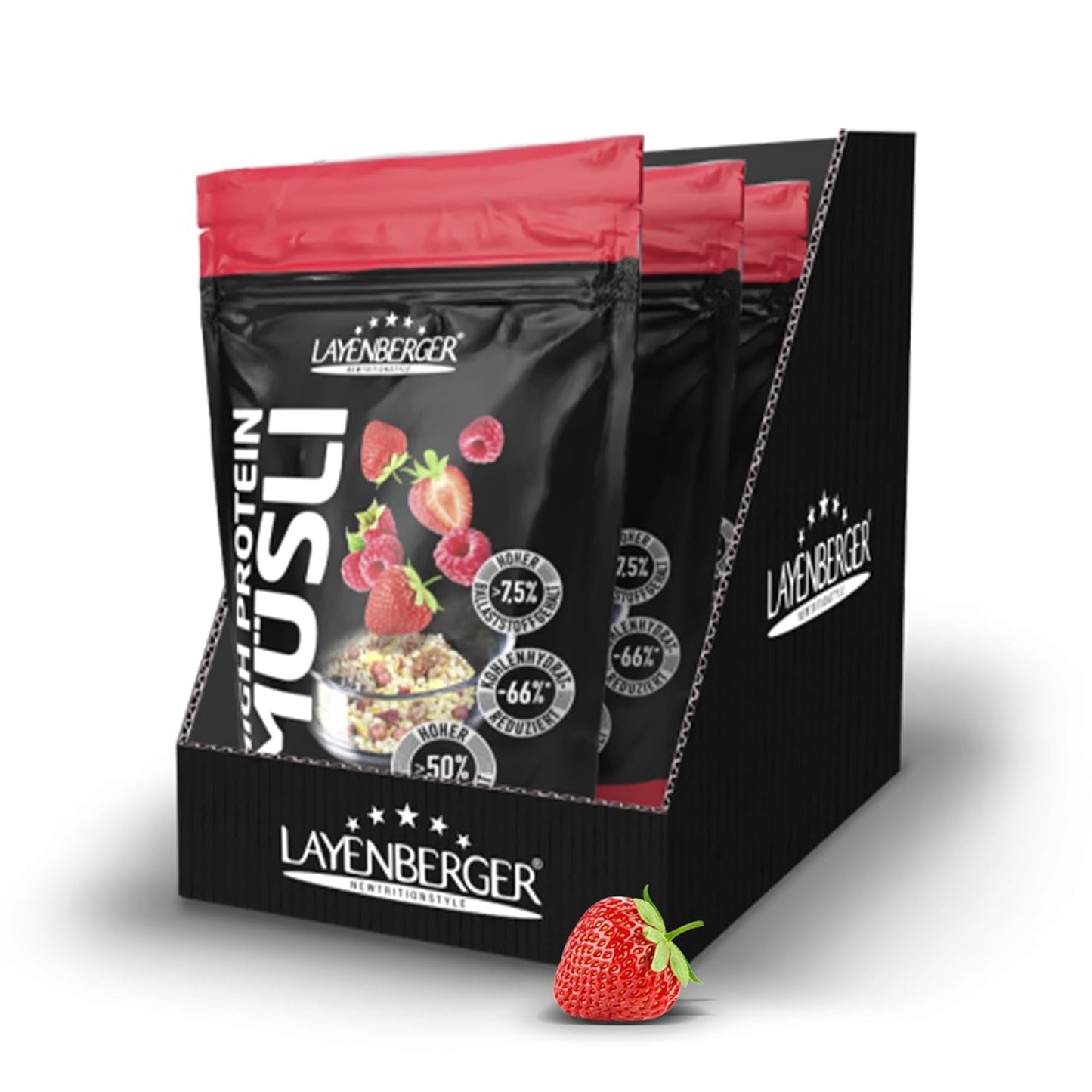 Layenberger 3K High Protein Müsli, 50 % Eiweiß och 18 % Kohlenhydrat - Enkelförpackning (1X 390 G) - Schoko-Nuss Cereale Naty Shop 1,08 Kg (1Er Pack) Rote Beeren Mix