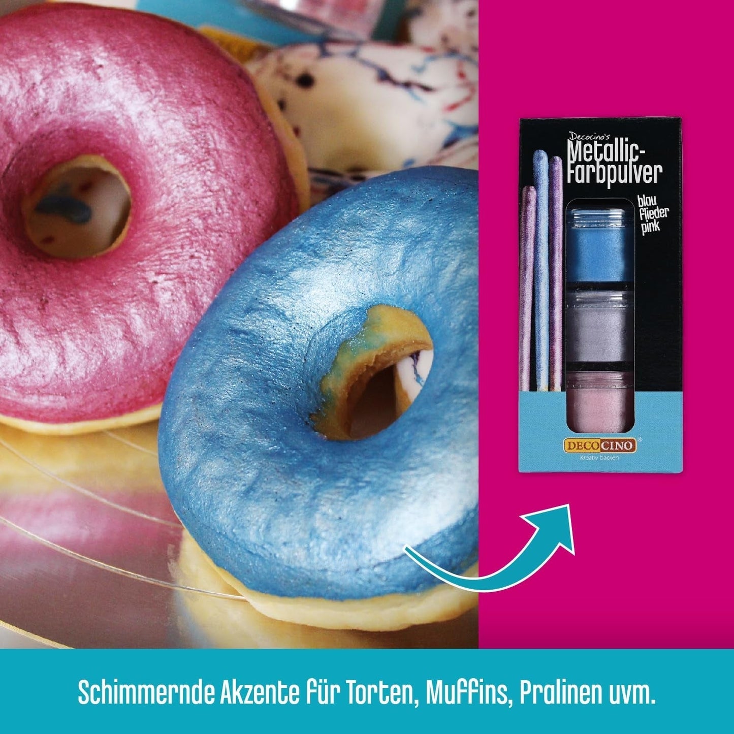 DECOCINO Metallic Pastell Coloring Powder (3X2G) – Blå, Lila och Rosa – Food Coloring Pulver – Glitterpulver Lämplig för fondant som tårtdekoration och tårtdekoration!