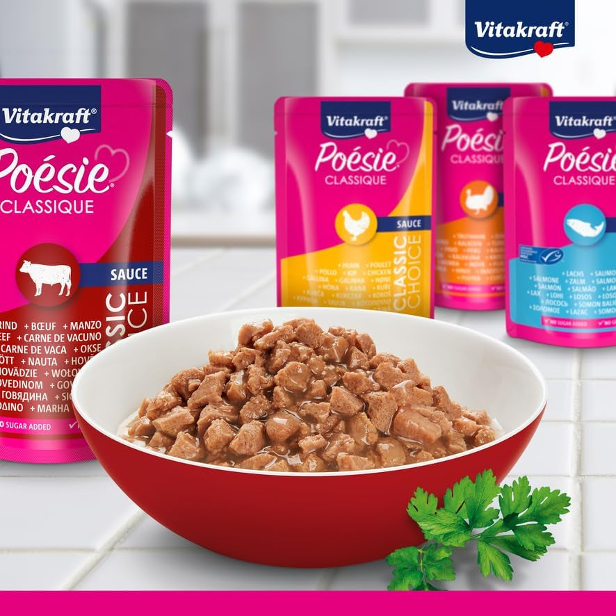 Vitakraft Poésie Classique, våt kattmat, kattmat i sås, med kyckling, med kalkon, med nötkött, med lax, utan tillsatt socker och flingor (1 förpackning om 12 x 85g)