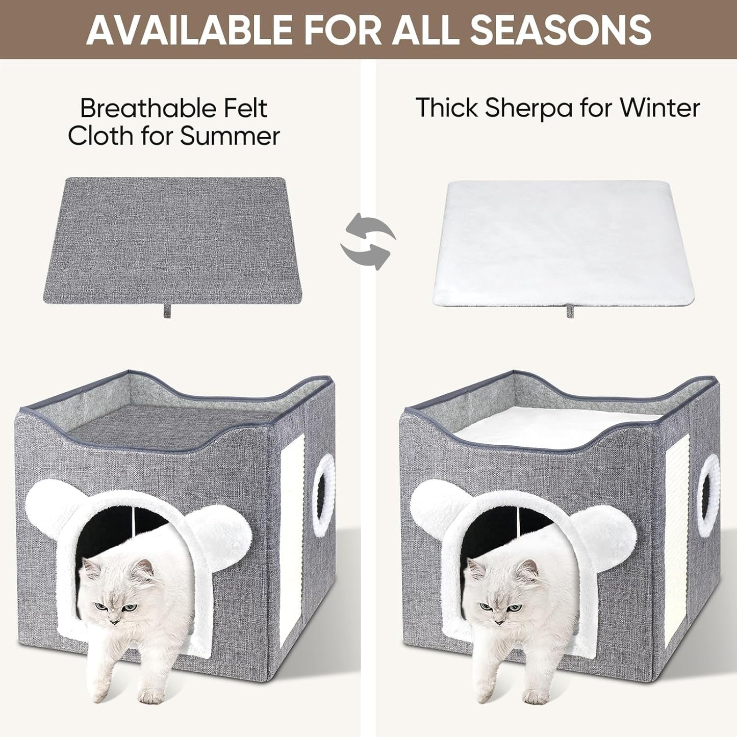 Katzenbetten für Indoor Katzen, Faltbares Katzenhaus, Katzenhöhle 2 Schicht Würfel Großer Raum Katzenbett mit Kratzbrett und Spielball, 15,8 x 15,8 x 15tum