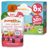 Pumpkin Organics-påsar med ekologiska grönsaker och flingor, 8-pack: Päron, Jordgubbar, Sötpotatis, Rödbetor, Banan, Havre - Inget tillsatt socker¹ - Från 6 månader - som mellanmål eller kompletterande mat i förpackningen (8 x 100g)