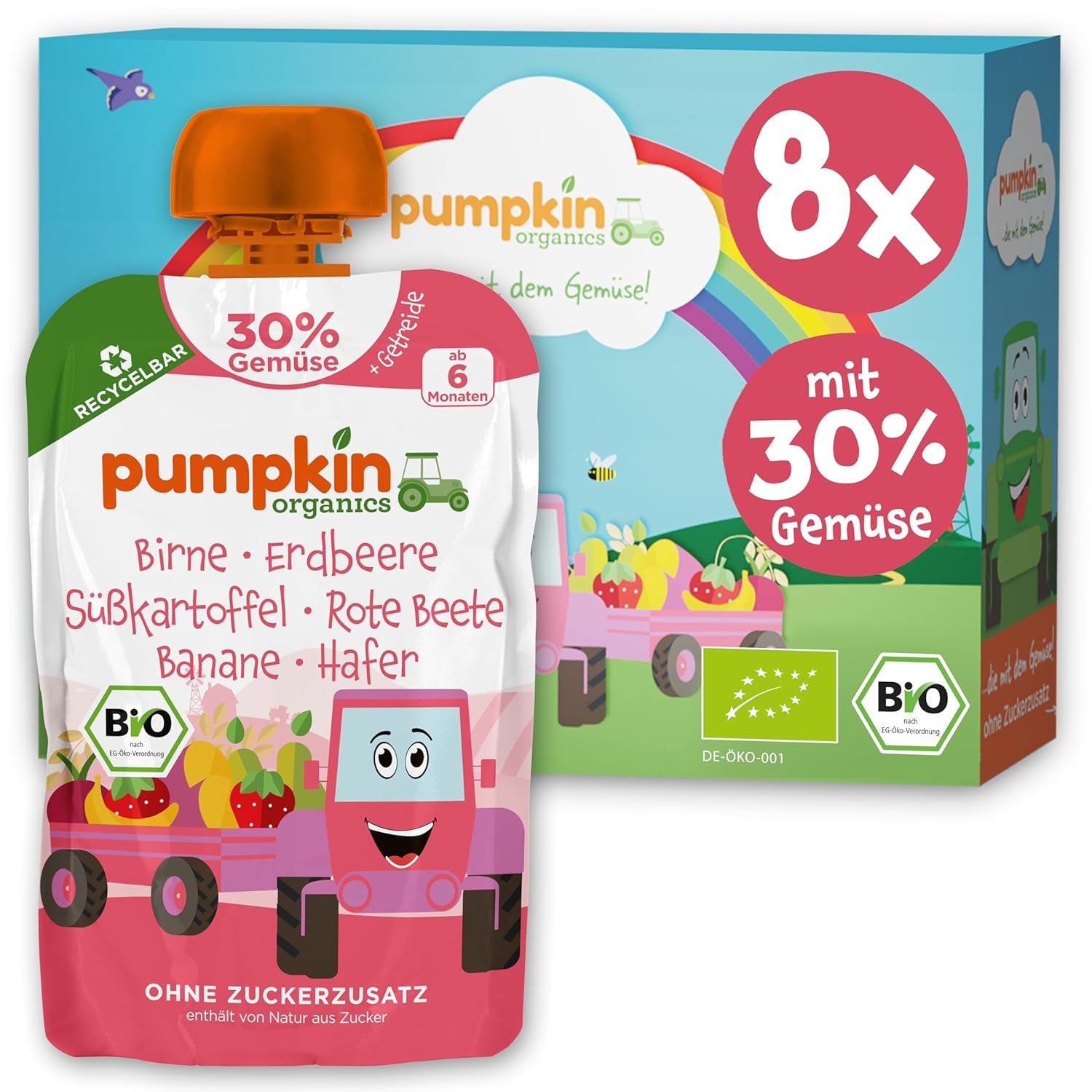 Pumpkin Organics-påsar med ekologiska grönsaker och flingor, 8-pack: Päron, Jordgubbar, Sötpotatis, Rödbetor, Banan, Havre - Inget tillsatt socker¹ - Från 6 månader - som mellanmål eller kompletterande mat i förpackningen (8 x 100g)