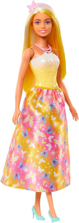 Barbie Royal Doll med snyggt hår med färgglada hårstrån, färgglada accessoarer, gradient gul topp och fjärilskjol, HRR09 Naty Shop Dolls Standardtitel