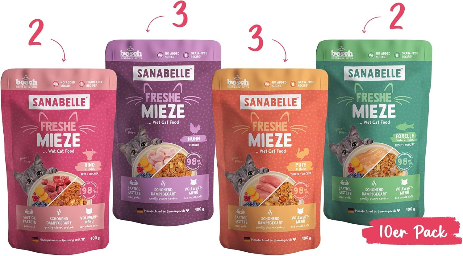 Sanabelle Freshe Mieze - Mixtray | 10 x 100g Mixpack | 4 läckra sorter av kattmat att prova | Ångad våt kattmat, precis som nykokt