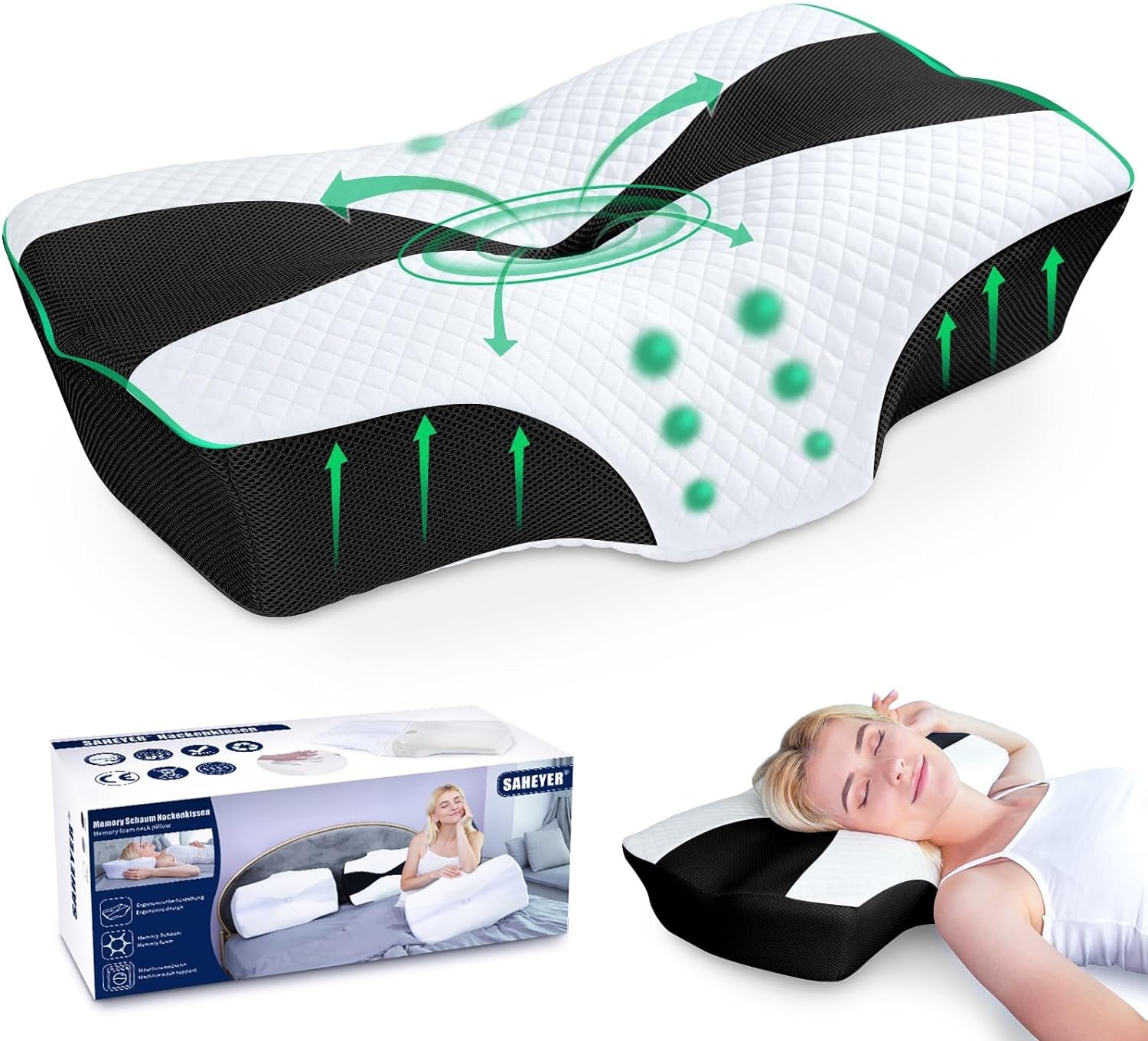 SAHEYER ortopedisk kudde nackstöd kudde huvudkudde ergonomisk nackkudde sidosovskudde 60 X 40 X 13/11 cm memory foam kudde för sidosövare rygg och mage Cervikala ortopediska kuddar Naty Shop Svart