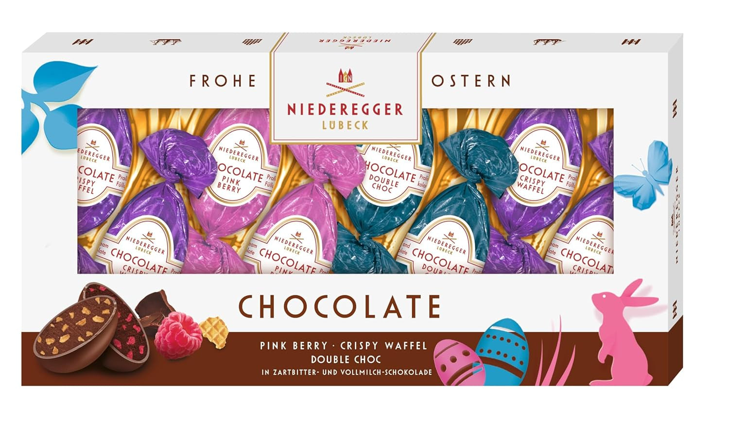 Niederegger | Chokladägg | 1 x 100g | Chokladägg med smak av rosa bär, knaprig rån och dubbelchoklad | Täckt med mörk och mjölkchoklad | Påskpresent | Choklad ägg