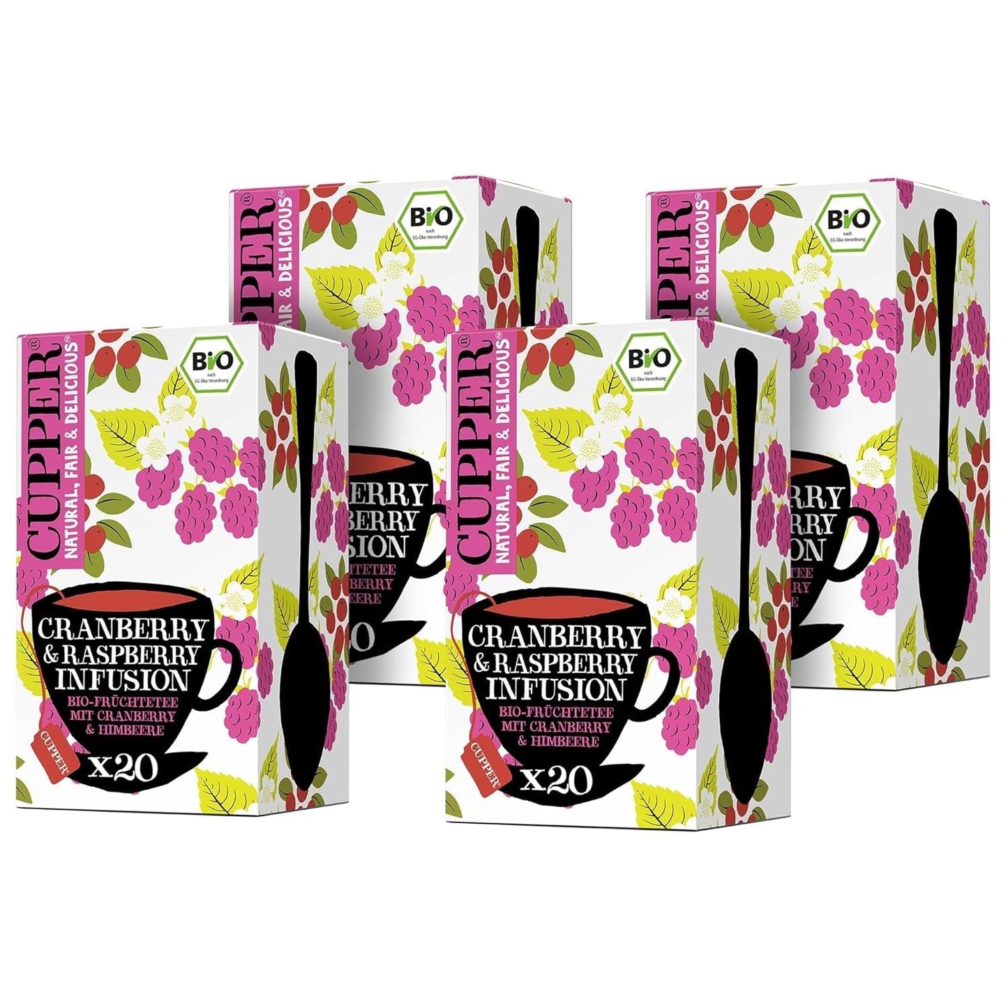 4Er Pack CUPPER Ekologiskt fruktte "Cranberry & Raspberry Infusion", 4X20 icke-vita tepåsar, ekologiskt, rättvis handel