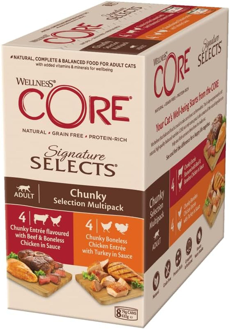 Wellness CORE Signature Väljer 8 x 79 g, blanda nötkött, kyckling och kalkon - våt kattmat, läckra strimlor i sås, spannmålsfria, naturliga, allergivänliga, proteinrika, mycket kött