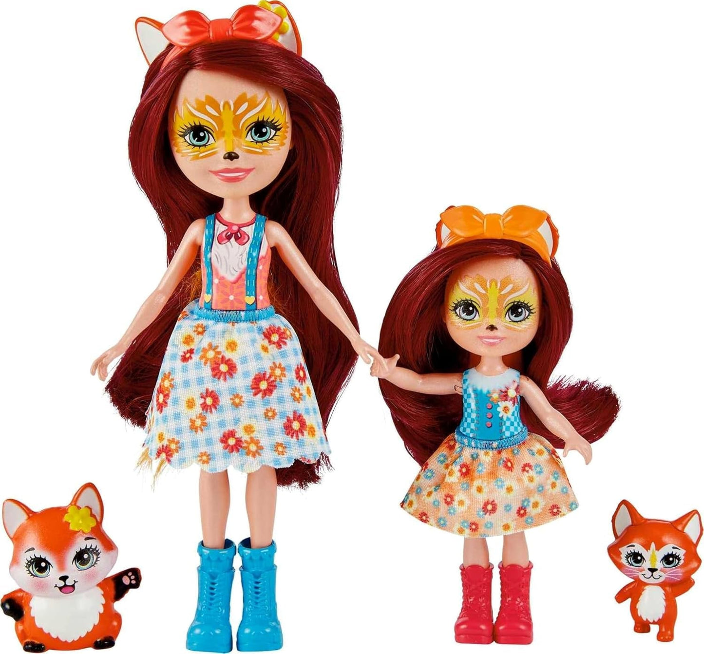 Enchantimals HCF81 - Felicity Fox och hennes lillasyster (ca 15cm och ca 10cm) och 2 djurfigurer, avtagbar kjol och accessoarer, bra present till barn från 3 år och uppåt