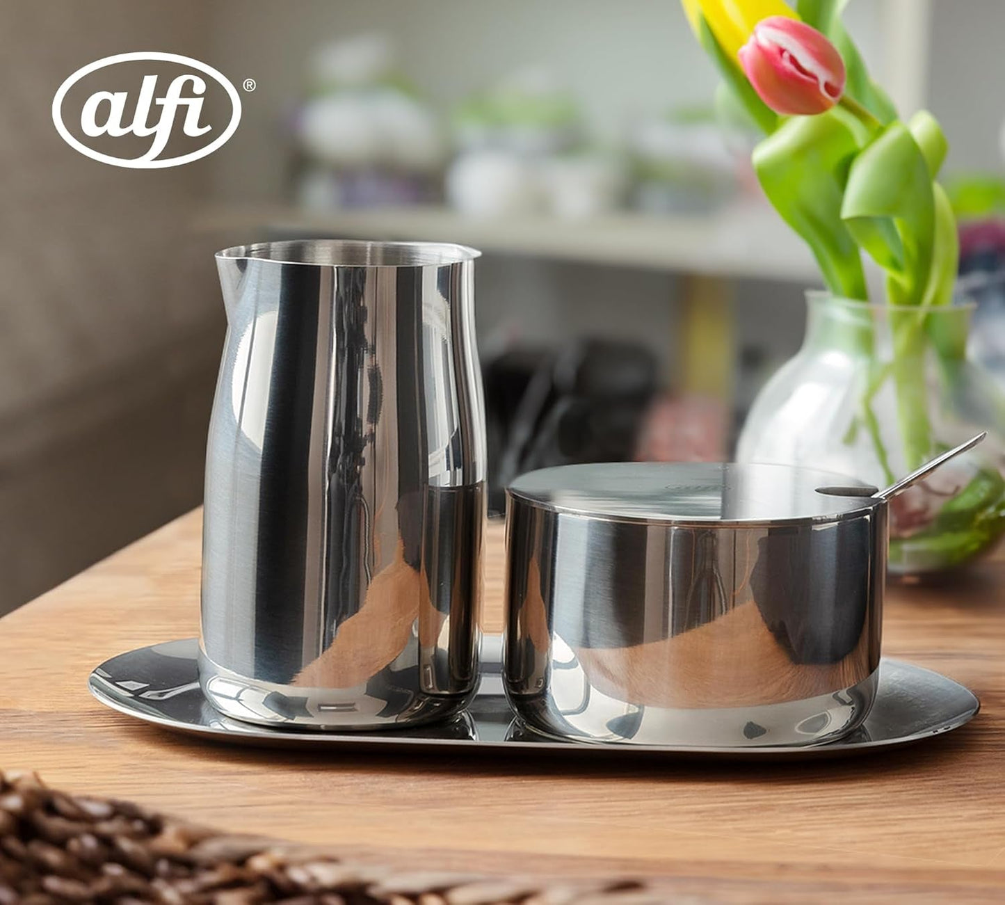 MJÖLK OCH SOCKER SET alfi högkvalitativt polerat rostfritt stål mjölk- och sockerset, elegant design, tål diskmaskin, hållbart