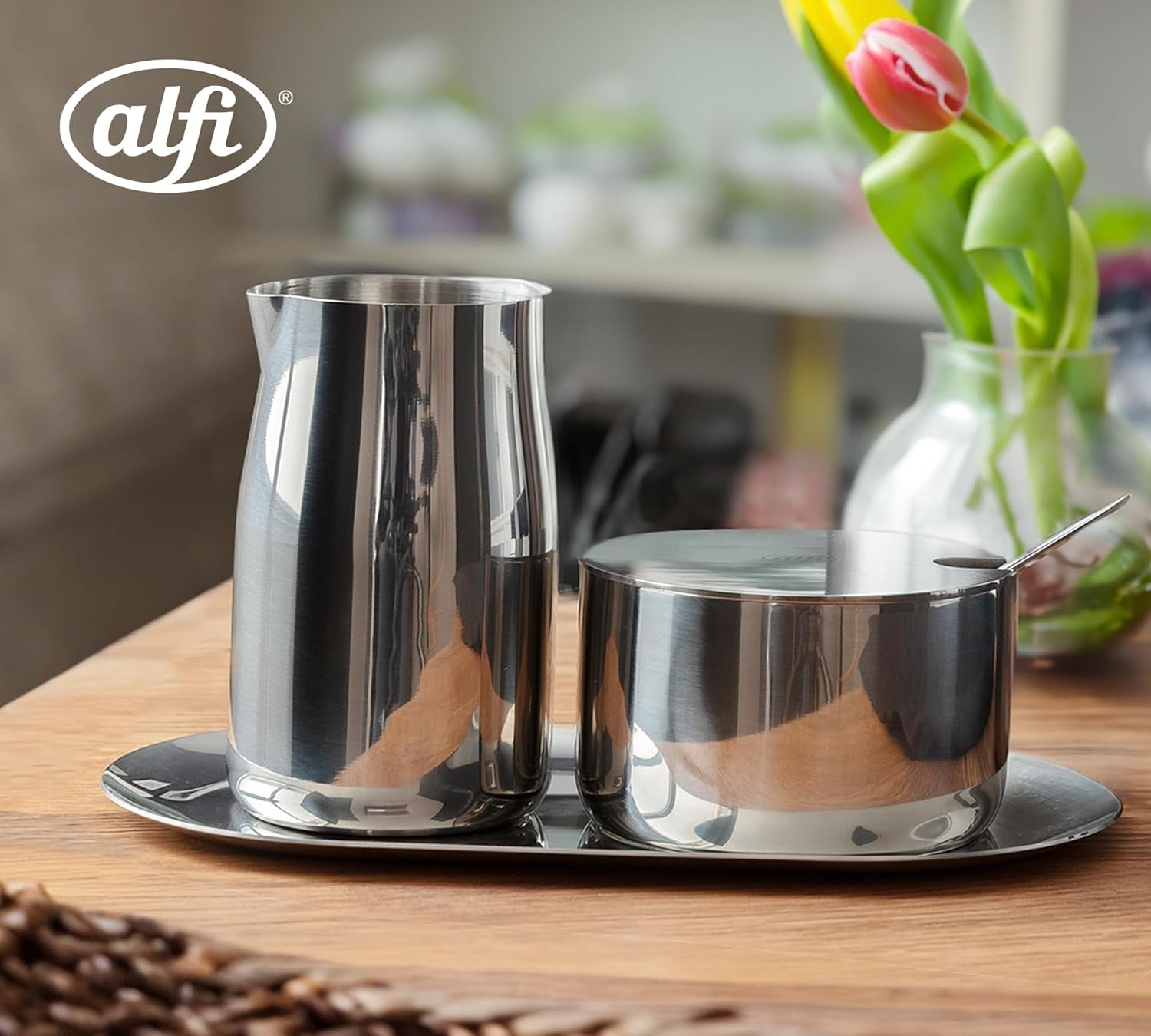 MJÖLK OCH SOCKER SET alfi högkvalitativt polerat rostfritt stål mjölk- och sockerset, elegant design, tål diskmaskin, hållbart