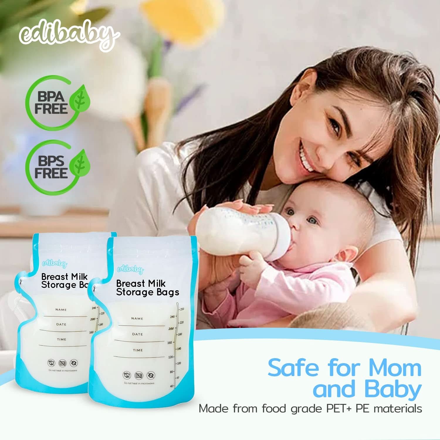 Edibaby, Påsar för bröstmjölk, 100 stycken, Steriliserad, utan BPA Tillbehör Mat och Amning Bebe Naty Shop