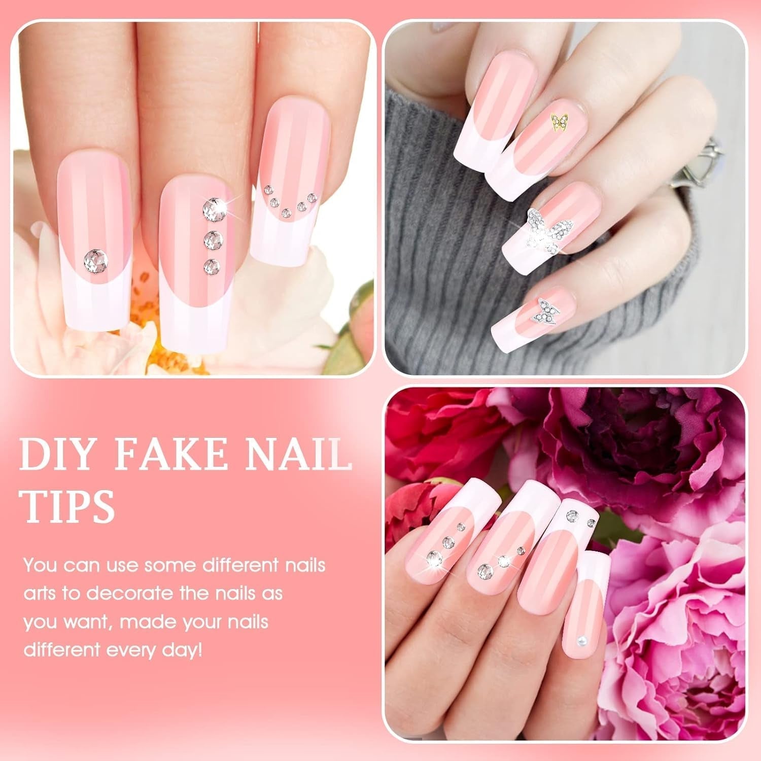 360 st självhäftande nageltips för konstgjorda naglar med förvaringslåda och nagelfil (rektangulär)