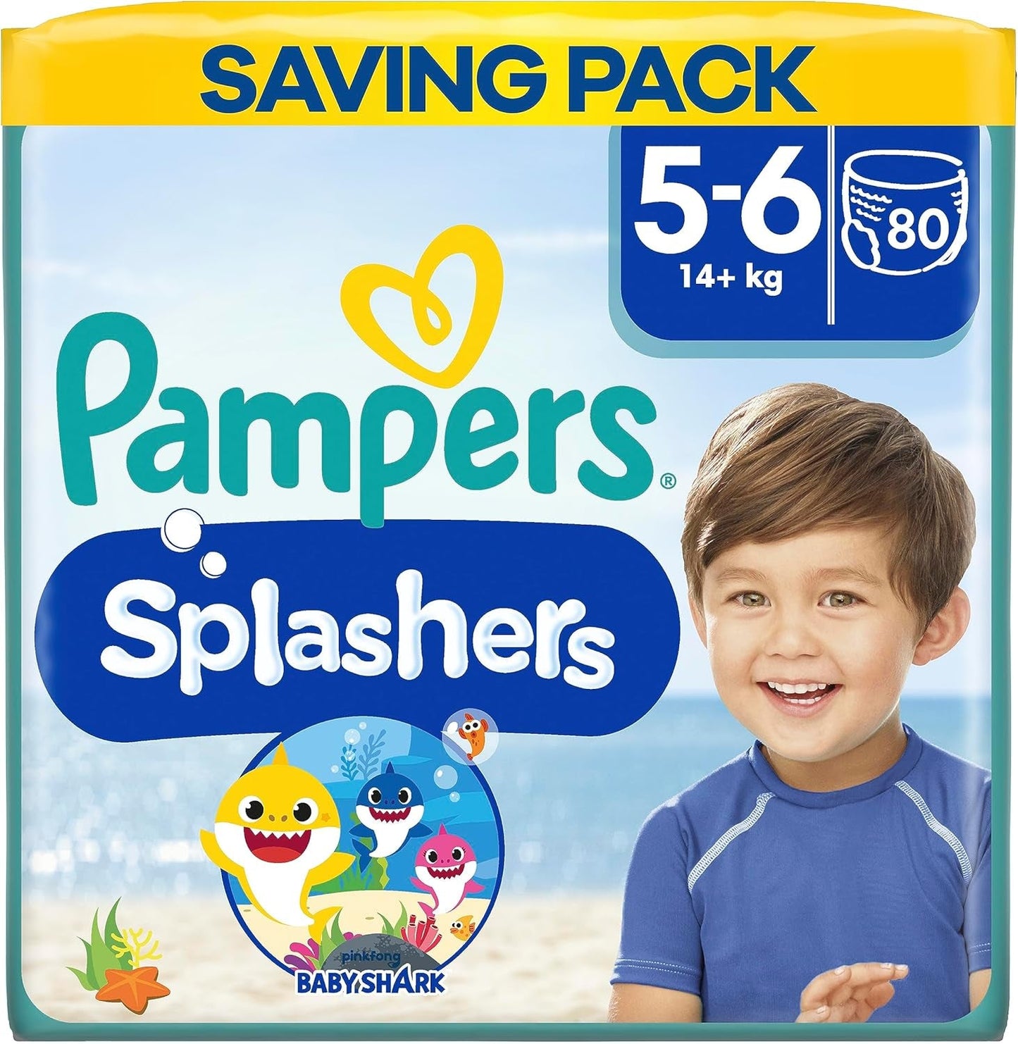 Pampers (gammal version), Splashers engångsbadshorts - Storlek 5/6 (14 kg+) - Kartong med 8 förpackningar om 10