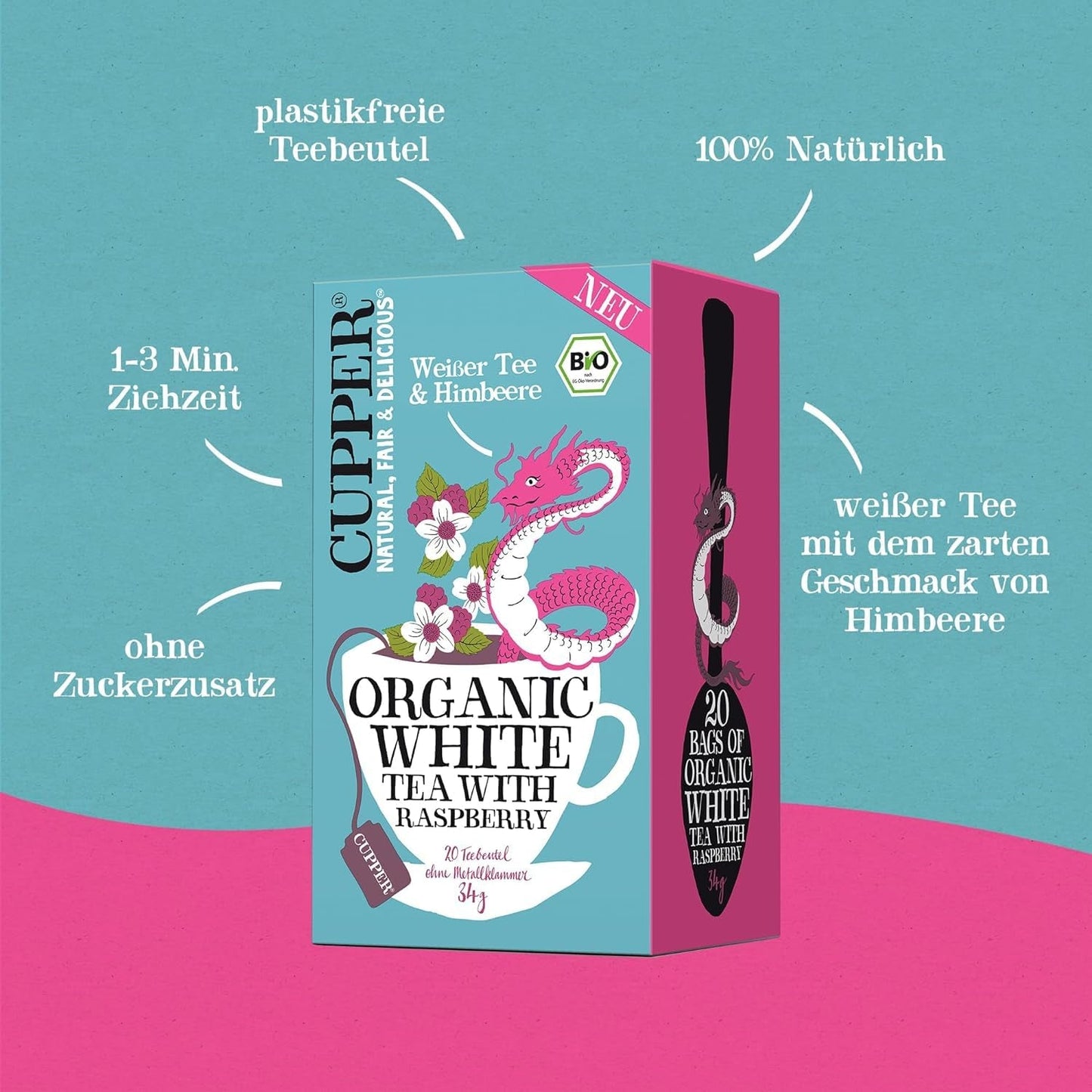 Cupper ekologiskt vitt te, hallon, 20 påsar, 34 g (förpackning med 4)