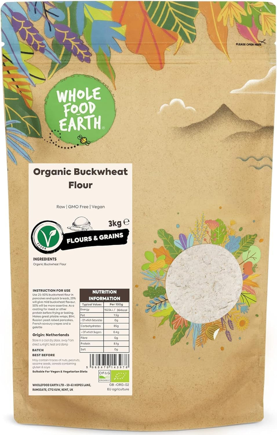 Wholefood Jord Ekologiskt Bovetemjöl 1kg | Grym | Icke-GMO | Vegan | Certifierad ekologisk