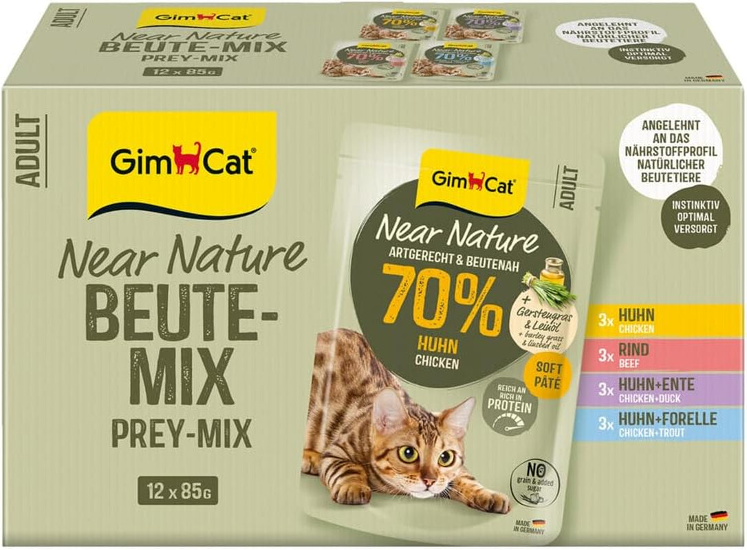 GimCat Near Nature Trial Mix 12-pack - Våtkornsfritt foder för katter från 7 månader med ett lämpligt och bytesspecifikt recept - 12 påsar (12 x 85g)