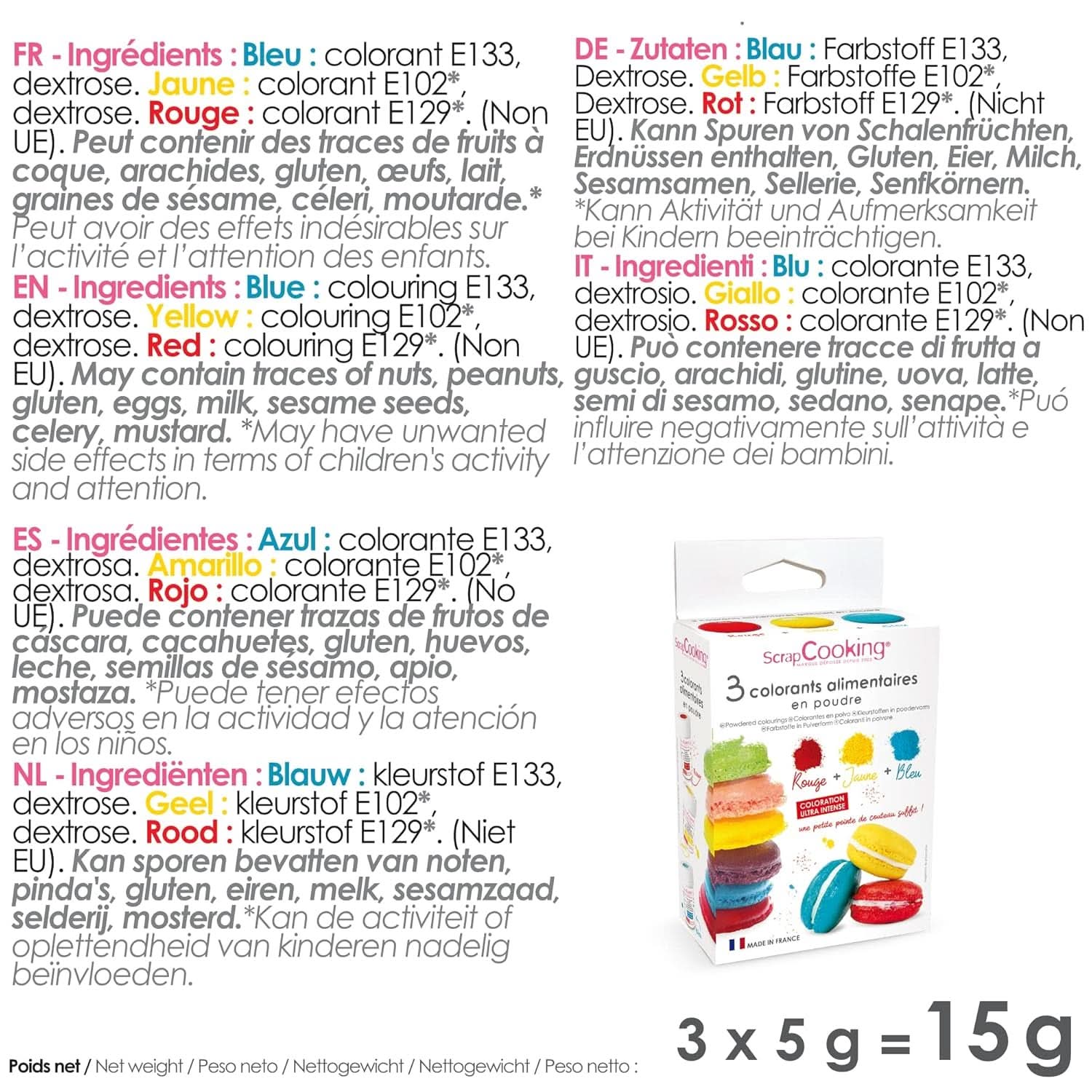 ScrapCooking, Set med 3 pulveriserade matfärger - röd, gul, blå, 3 x 5 gram Naty Shop