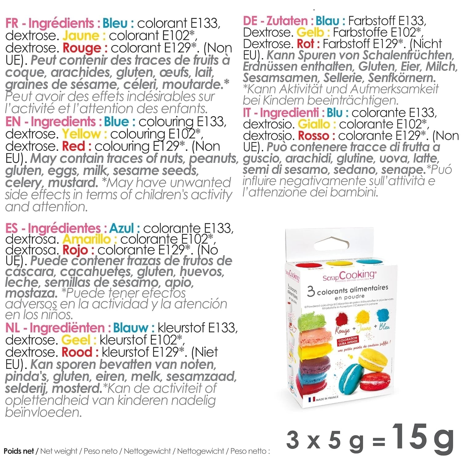Scrapcooking - Set med 3 pulvermatfärgning - Röd Gul Blå - Matfärg för bakning, kakor, kakor, kakor, deg, fondant, regnbågstårta - 4011
