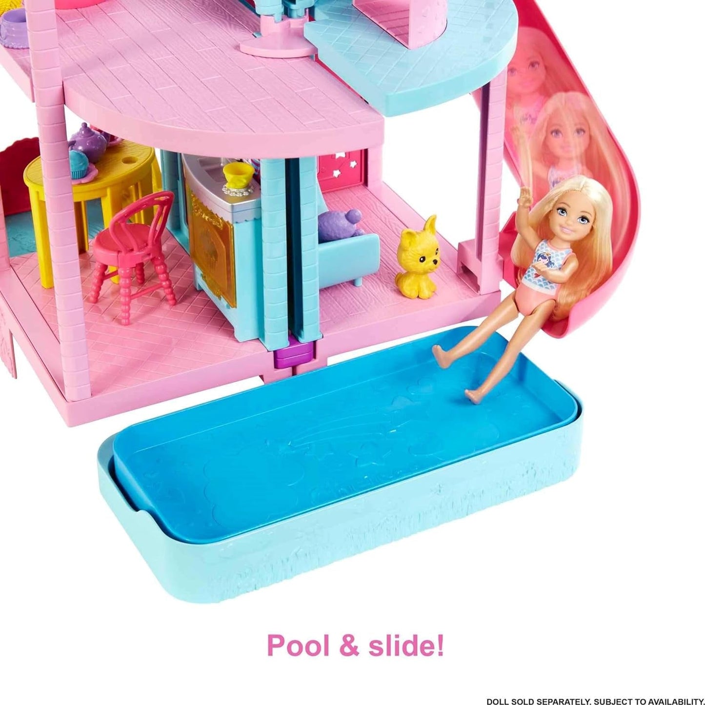 Barbie Chelsea Playhouse - 3 transformerande våningar, hemliga lekområden, hiss, pool, rutschkana, 2 husdjur och 20+ tillbehör, för åldrarna 3+, HHX44