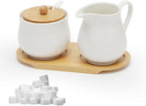 Mjölk- och sockerset med lock och sked, 5-delad keramisk mjölkkanna och sockerbehållare med trätablett, mjölk- och sockerbehållare för kök, kaffe, mikrovågsugn och diskmaskin (vit)