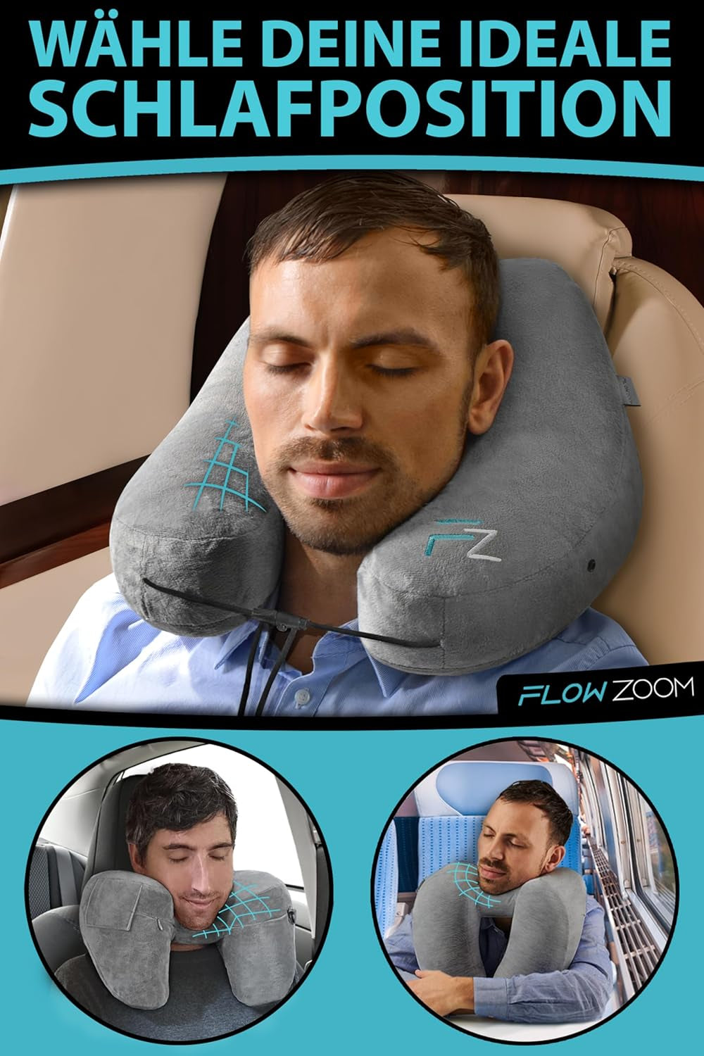 FLOWZOOM AIR Uppblåsbar nackkudde med huva - Flygplans nackkudde - Resekudde - Snabbuppblåsbar rese-nackkudde - Flygplanskudde - Resekudde - Nackkudde för vuxna (grå) Cervikala ortopediska kuddar Naty Shop