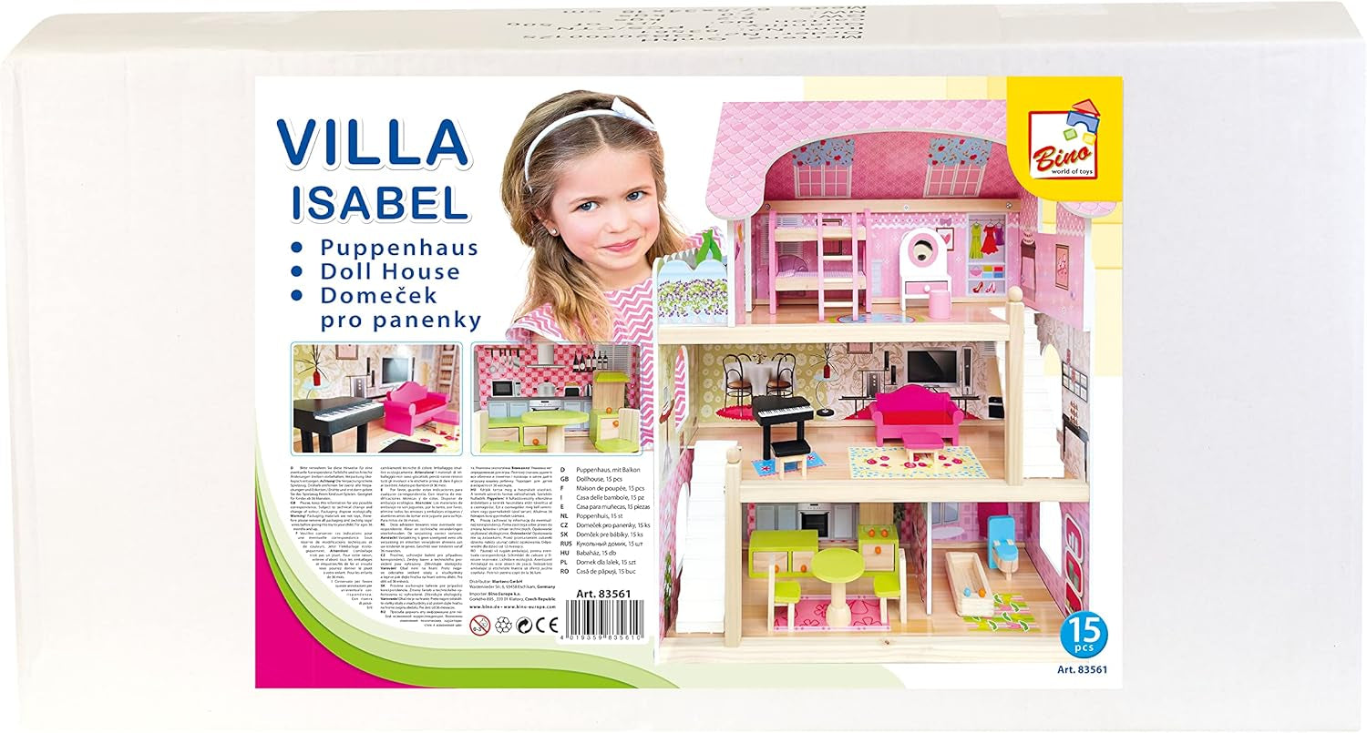 Bino World of Toys Dockhus med balkong, Leksak för småbarn från 3 år, med 3 våningar, trappor, 4 rum och balkong inkl. 15-TLG. Tillbehör, För att främja barns färdigheter, Rosa design Naty Shop dockskåp