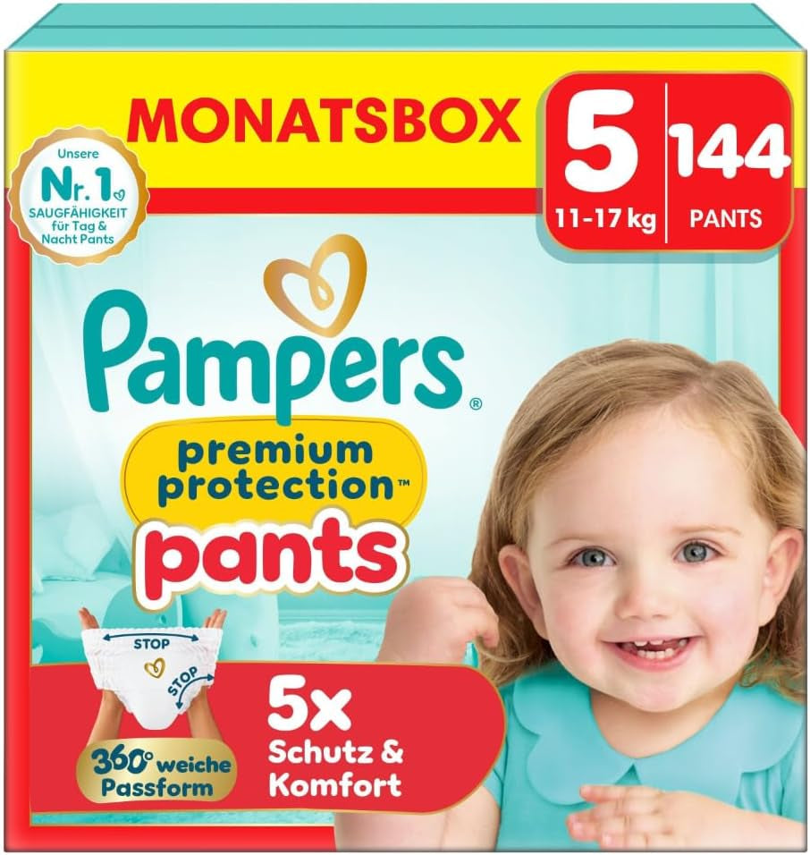 Pampers Premium Protection Pants Storlek 7, 123 Blöjor, 15 kg+, med 360° justering och mjuka anti-läcka muddar för optimal komfort och skydd