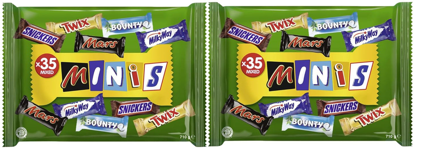 Miniblandad chokladbulkpack, choklad, 35 minichokladsnacks (Mars, Snickers, Bounty, Twix, Vintergatan) som godis, chokladpresent, godisask (710 g)