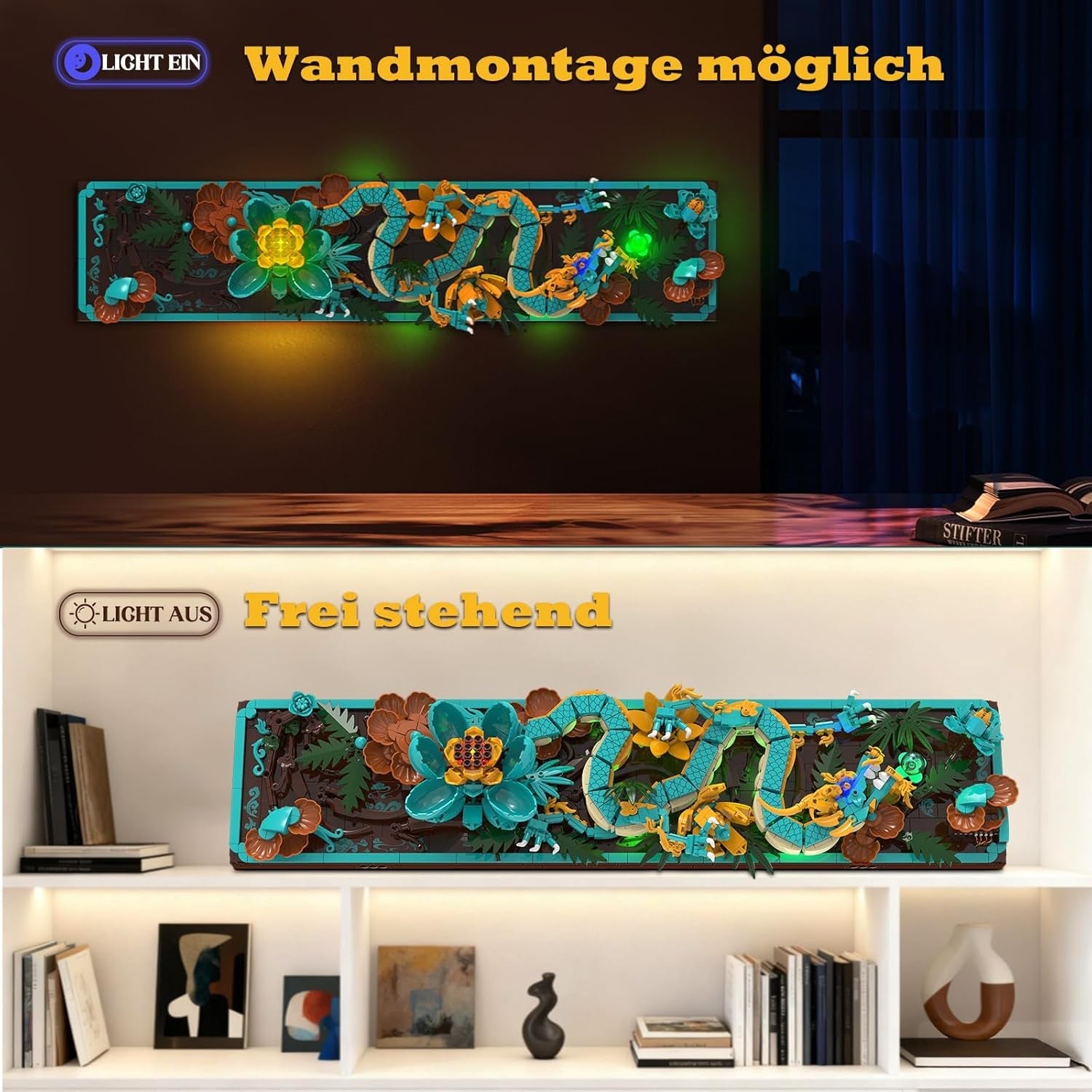 Mythical Dragon Tile Building Kit för vuxna, 3D Divine Loong Art Byggleksak med LED-lampor och blommor, DIY Dragon Relief Model Kit, kreativa presenter och dekorationer (1676 bitar)