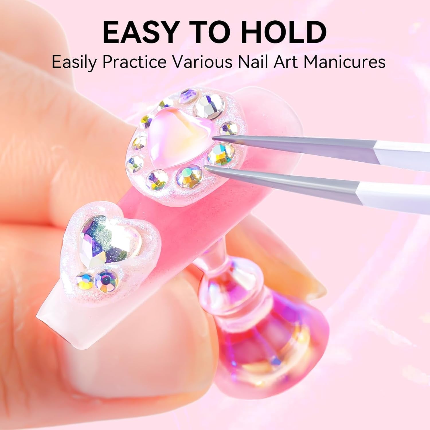 Makartt akryl nagelhållare, magnetisk nagelhållare, nagelhållare, transparent rosa nagelhållare med 48 självhäftande spackel