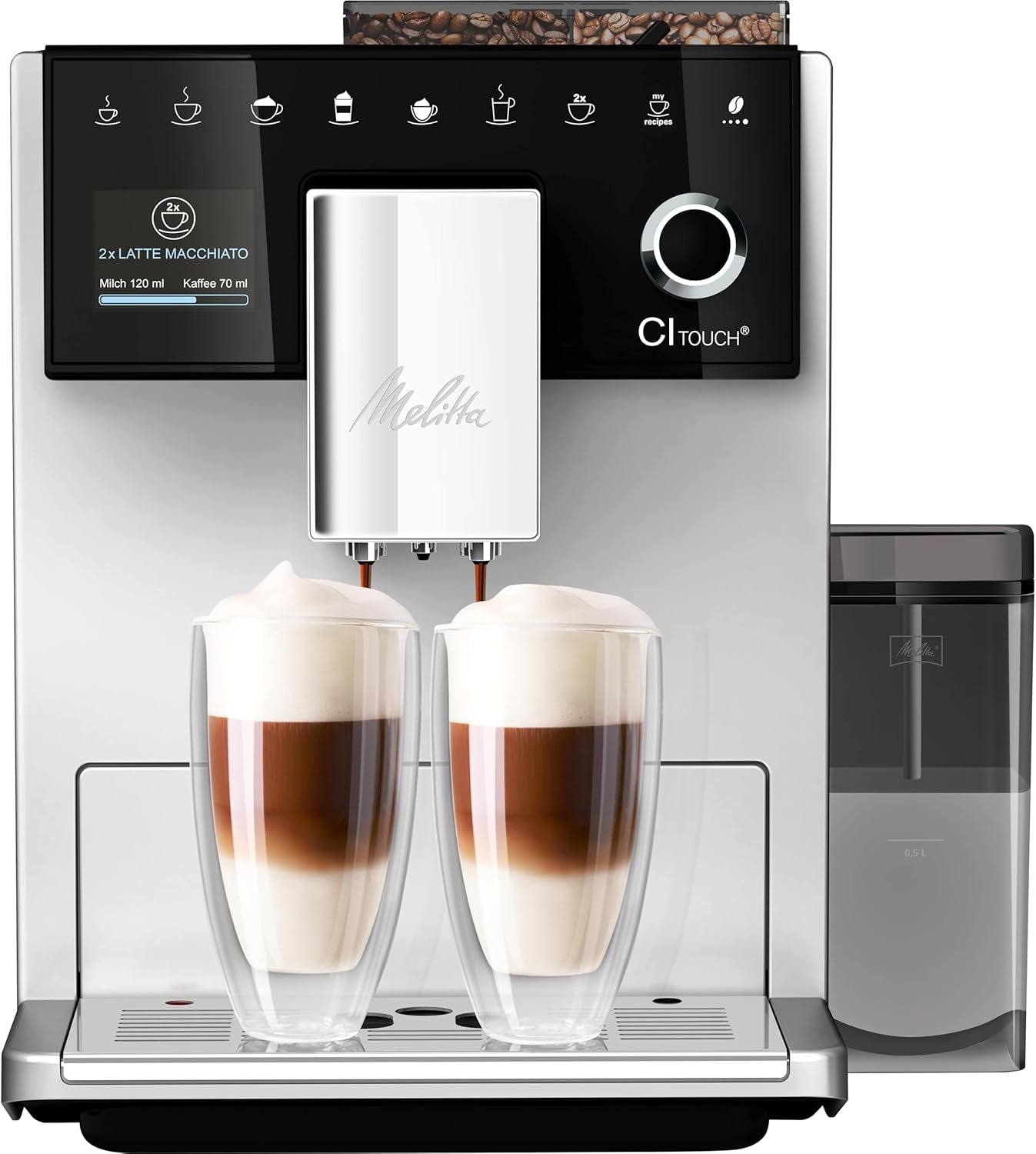 Melitta CI Touch - Helautomatisk espressomaskin med mjölksystem, espressomaskin med integrerad kaffekvarn och mjölkskummare, t.ex. för espresso eller cappuccino, silver