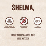 Shelma Wet cat food Megapack med nötkött, kalkon, kyckling och anka - Komplett spannmålsfritt foder med hög kötthalt - 40 x 85 g (3,4 kg)