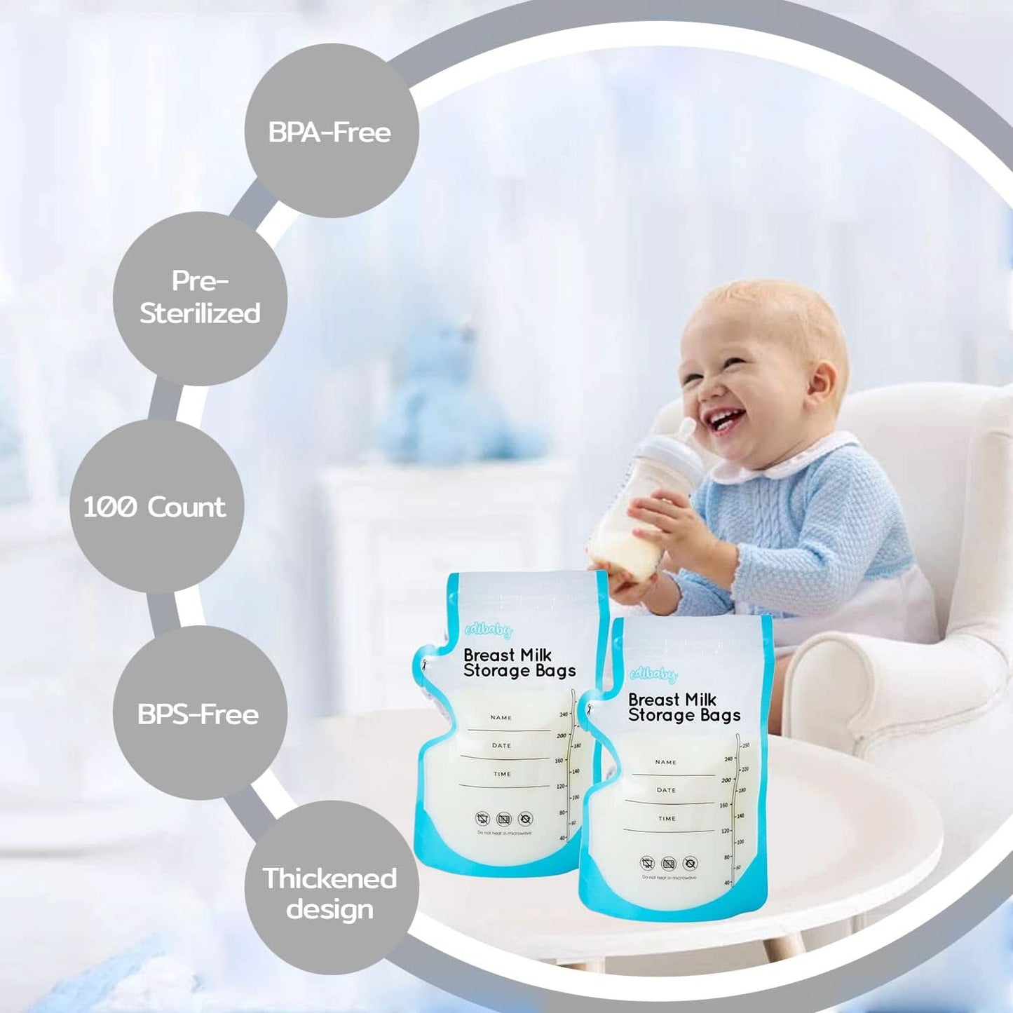 Edibaby, Påsar för bröstmjölk, 100 stycken, Steriliserad, utan BPA Tillbehör Mat och Amning Bebe Naty Shop