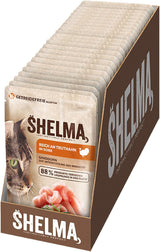 Shelma våt kattmat med kalkon i tomat- och örtsås - komplett spannmålsfri foder med högt köttinnehåll - 28 x 85 g (2,38 kg)