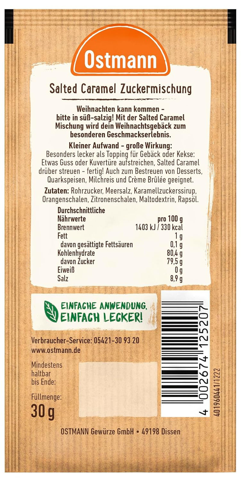 Ostmann Gewürze – Salted Caramel Zuckermischung, süß-salzige Mischung für Kekse, Gebäck och desserter, 30 g i påse