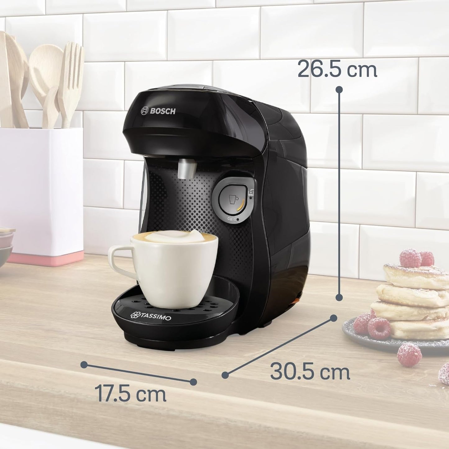 Bosch Tassimo Happy Friendly TAS102E Kapselespressomaskin, 70+ drycker, Lämplig för alla koppar, Auto-Stop, Hållbar, Perfekt Dosering, Utrymmesbesparande, 1400W, Svart
