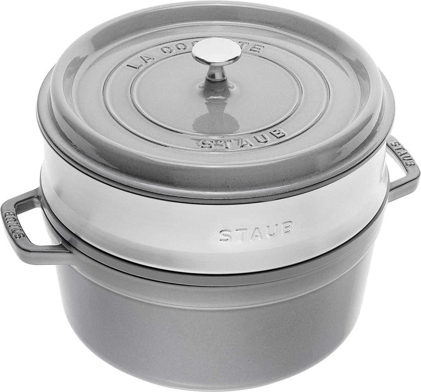 STAUB Gusseisen Bräter/Cocotte, Mit Dämpfeinsatz Aus Edelstahl, Rund 26 Cm, 5,2 L, Aromaregen Funktion Für Optimale Befeuchtung, Für Alle Herdarten Inkl. Induktion & Backofen, Kirschrot, Röta Formar och bakplåtar Naty Shop Graphitgrau