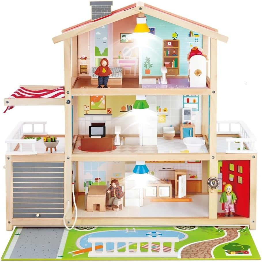 Hape dockvilla 10-rums dockhus i trä Kreativt rollspel inklusive möbler och tillbehör Pedagogisk leksak för åldrarna 3 och uppåt