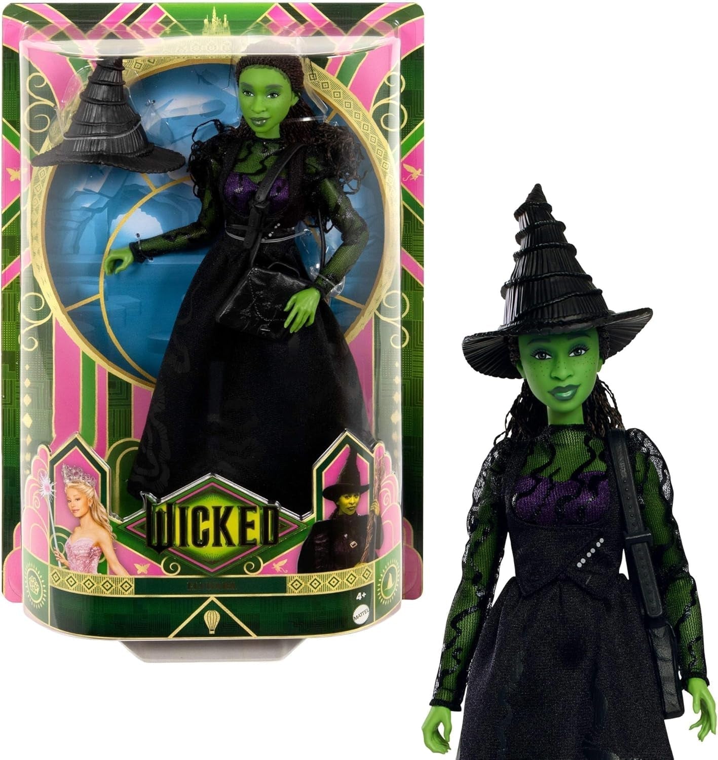 Mattel Wicked Elphaba modedocka och tillbehör med grön hud, svart flätat hår, olika möjliga poser och förlängningsbar balklänning, HXT62, [Multicolor] Naty Shop Dolls Standardtitel