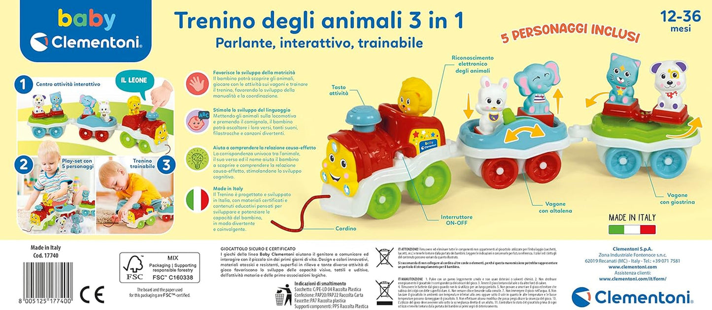 Clementoni Animali-3 Talking Interactive Expandable Electric Train Toy for 1 Year Old Baby (italiensk version) Tillverkad i Italien Flerfärgad 17740 Jucarii Bebe Naty Shop